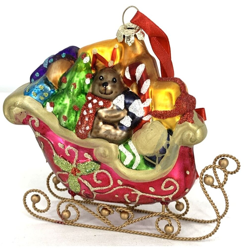 Fitz & Floyd Glass Ornament Christmas Sleigh Presents Teddy Bear Tree 5"